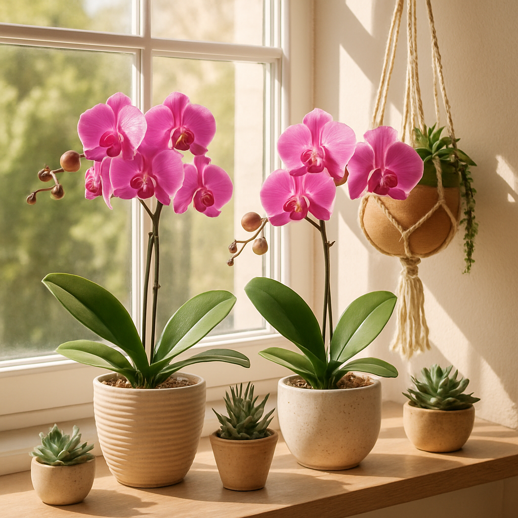 A sunny windowsill adorned with blooming moth orchids in ceramic pots, surrounded by small succulents and a hanging macramé planter for a boho vibe.